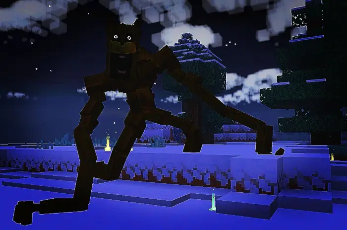 Creepy bear stalks snowy forest at night.