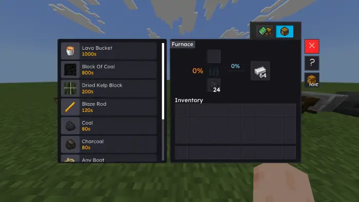 Modernized black furnace UI with item list