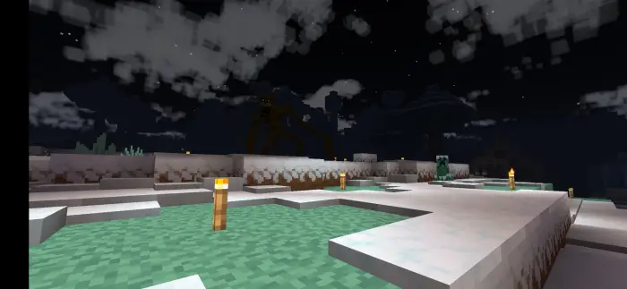 Creepy bear stalks snowy landscape at night