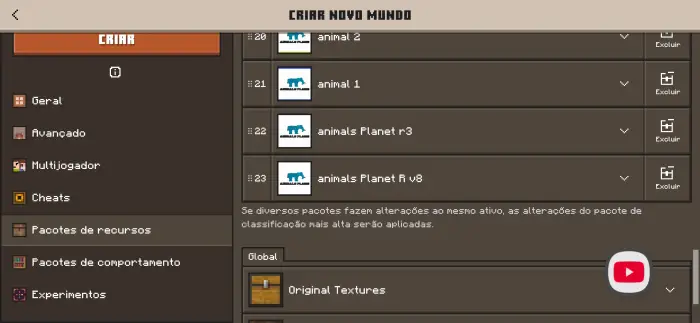 Resource packs menu showing Animals Planet v8