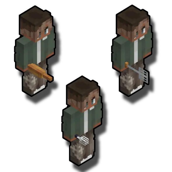 Character holding bat, fork, and spatula.