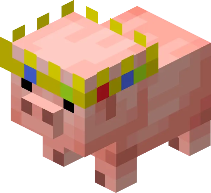 Pixel pig wearing a colorful crown.