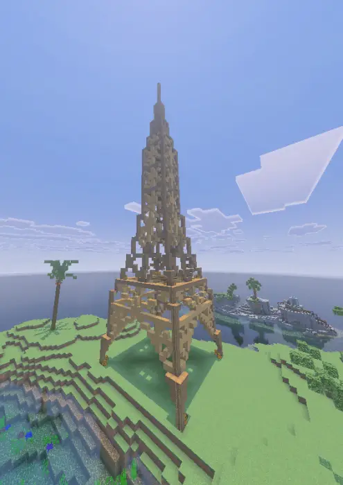 Wooden tower structure on a grassy island.