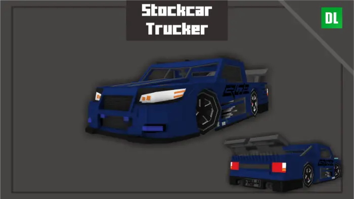 Blue stockcar trucker with racing decals.