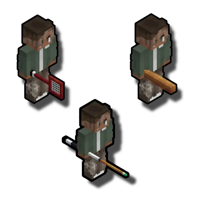 Three blocky characters holding melee weapons
