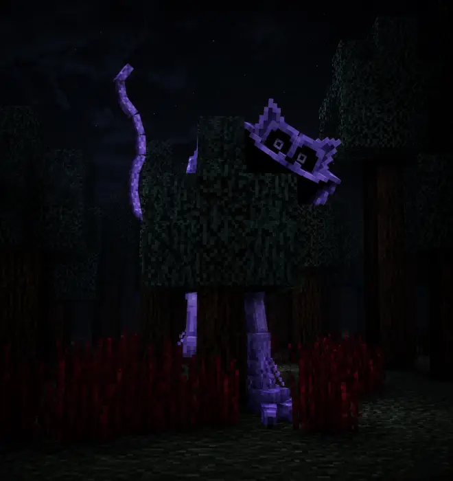 Blocky cat monster lurking in a dark forest.