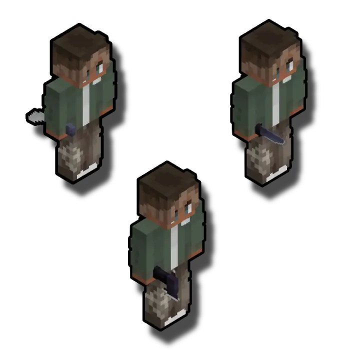 Blocky character holding three melee weapons