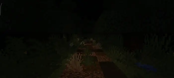 Dark forest path at night, overgrown and eerie