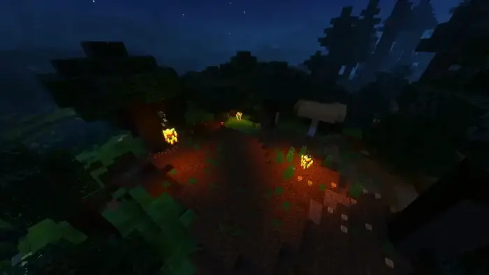 Glowing lights illuminate a dark forest path.