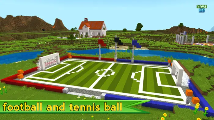 Blocky football stadium with colorful banners