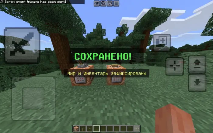 Two command blocks with save message onscreen