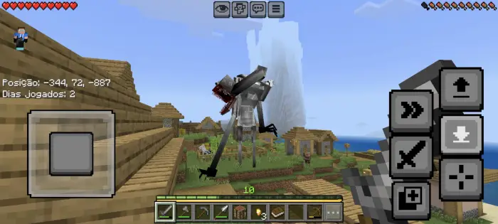 Giant monster attacks village near player.