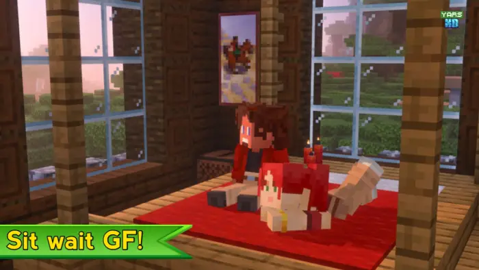 Two blocky characters sitting on red carpet