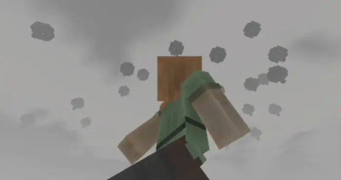 Blocky character under eerie, foggy sky