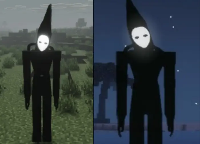 ALT text Tall dark mob with white mask face