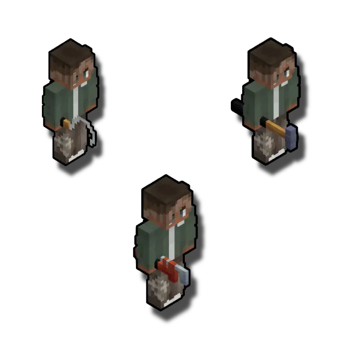 Blocky character holding various melee weapons