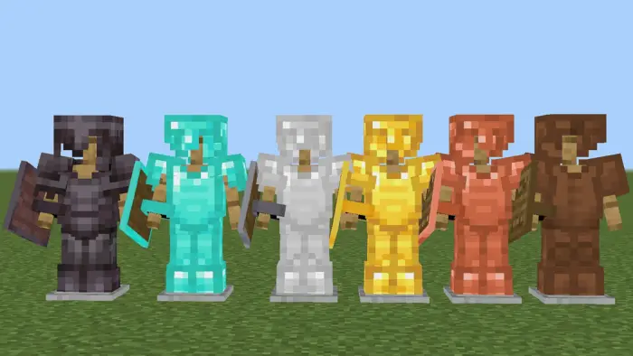 Six armored mannequins with unique shields