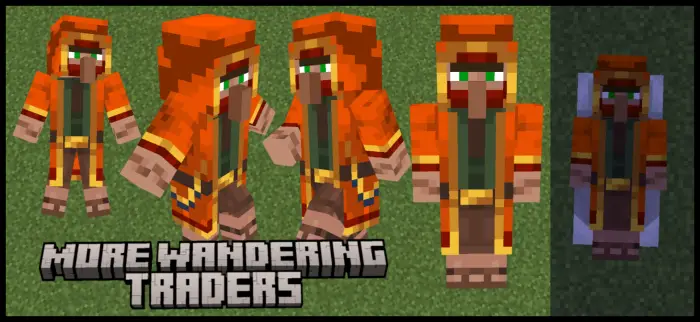 Multiple orange-robed traders on grass.