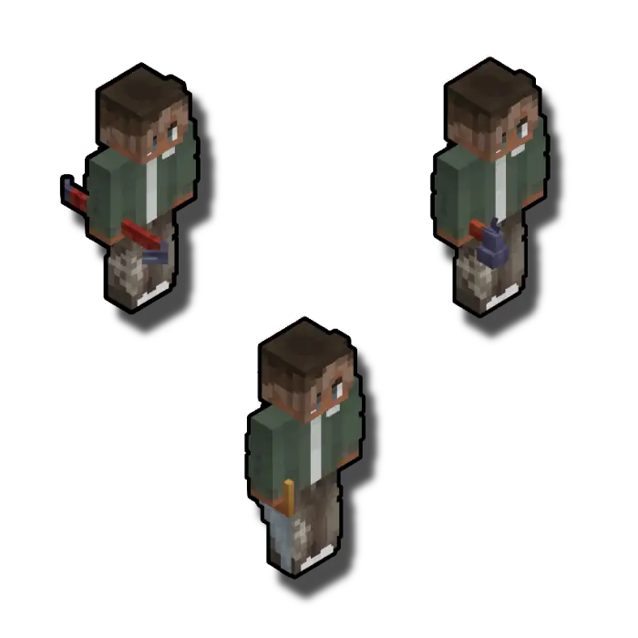 Character holding various melee weapons