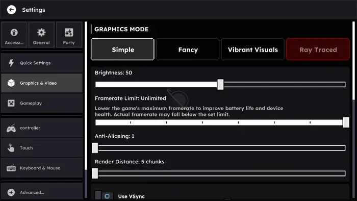 New dark-themed graphics settings UI