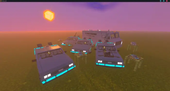 Blocky DeLorean cars and van at sunset
