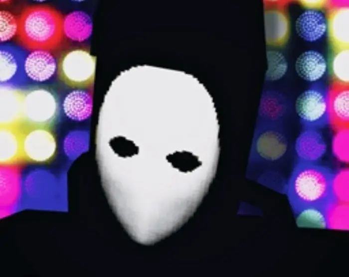Masked figure with colorful blurred lights.