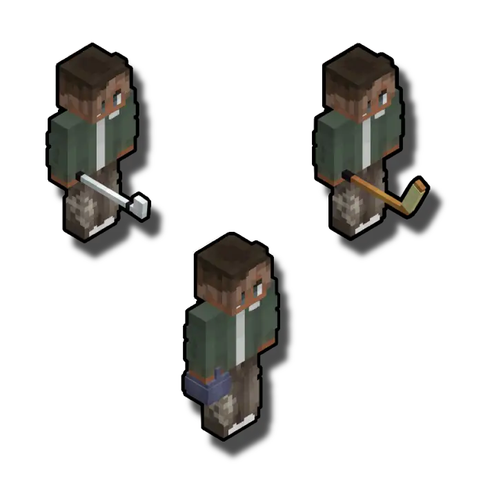 Three characters holding improvised melee weapons
