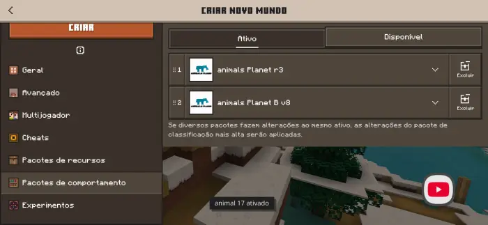 ALT Pacotes Animals Planet ativados no menu.