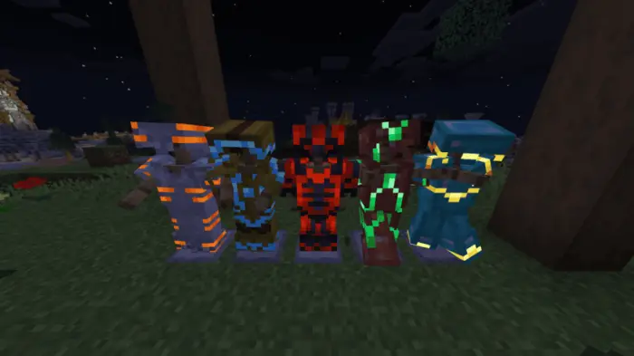 Glowing armor trims displayed at night.
