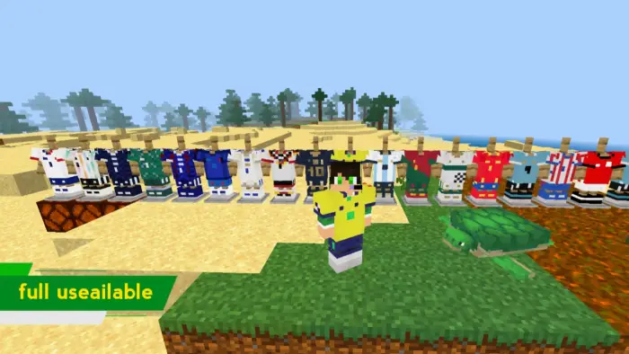 Armored stands display 48 colorful soccer jerseys.