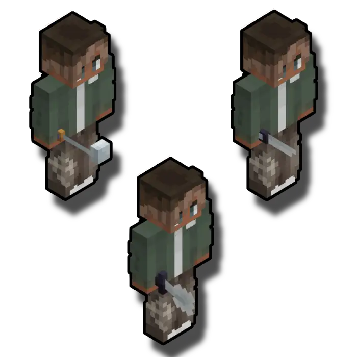 Blocky character holding various melee weapons.