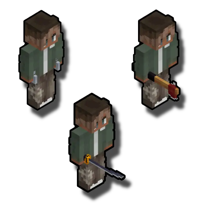 Three characters holding melee weapons.