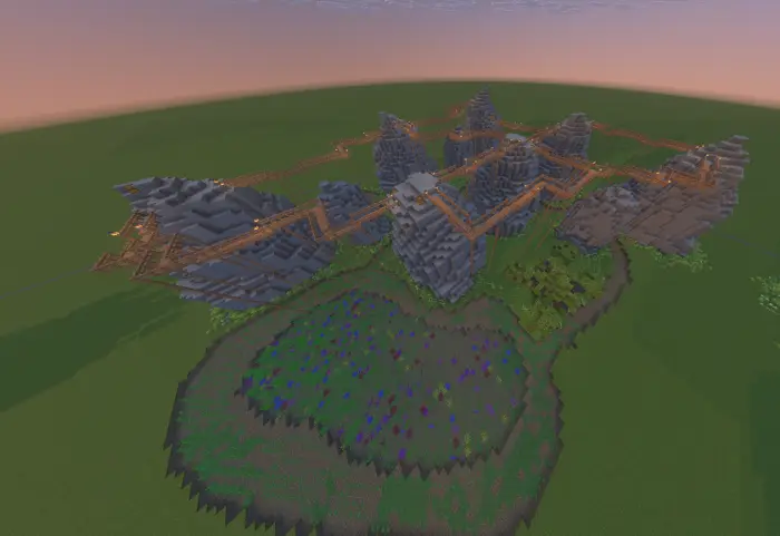 Rocky arena with bridges and grassy area