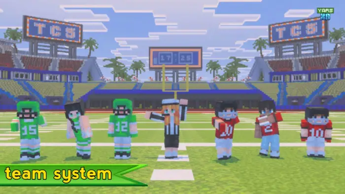 Blocky football teams and referee on field