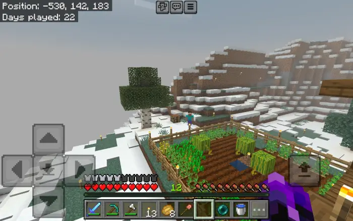 Snowy mountain farm with crops and fencing