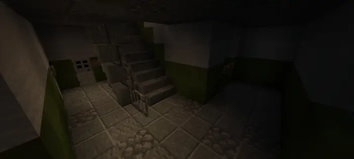 Dimly lit stone staircase in abandoned basement