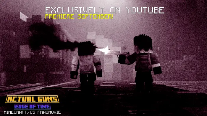 Two blocky characters firing weapons at night.