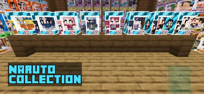 Eight boxed Naruto figures on a wooden shelf
