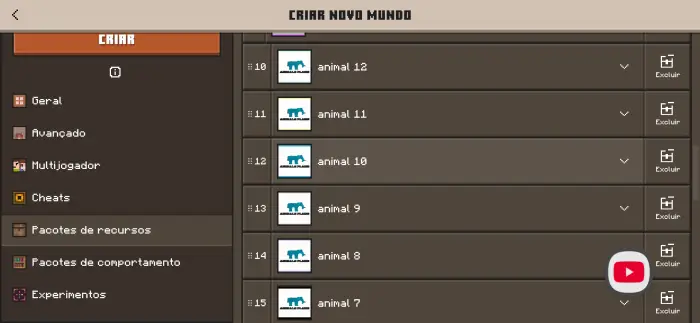Resource pack menu showing animal addons