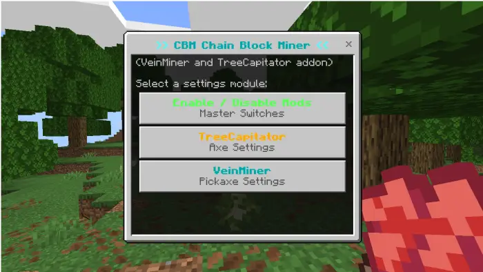 Game mod settings menu in forest scene