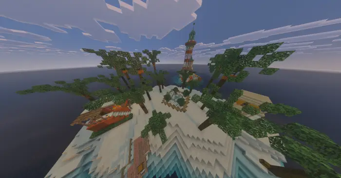 Island battle map with trees and buildings