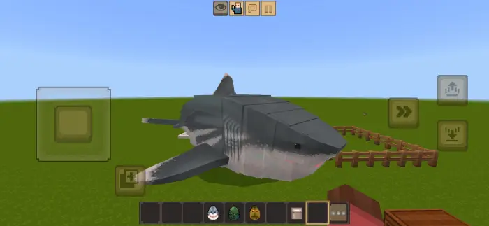 Blocky shark model on grassy terrain