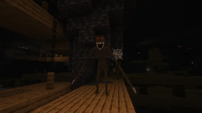 Creepy mob with glowing eyes in a dark cave