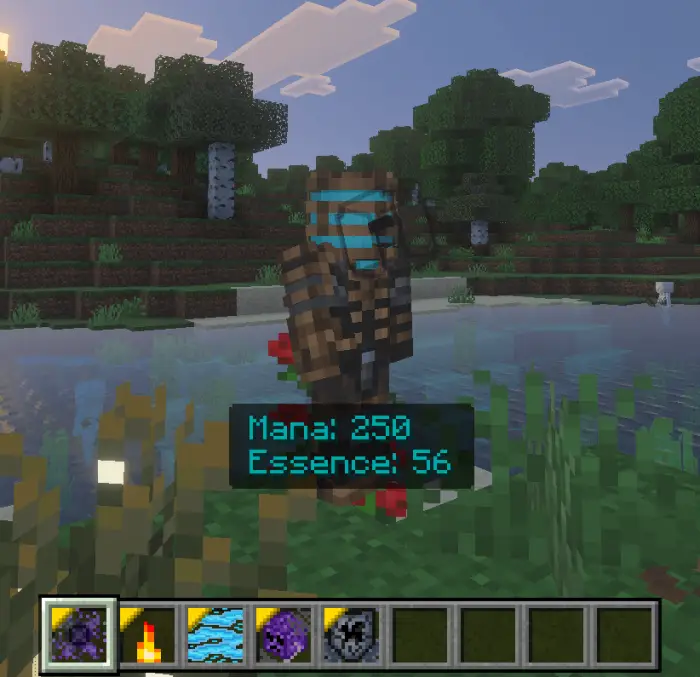 Player with magic stats by a lake.