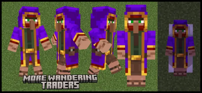 Eight colorful wandering traders in new outfits