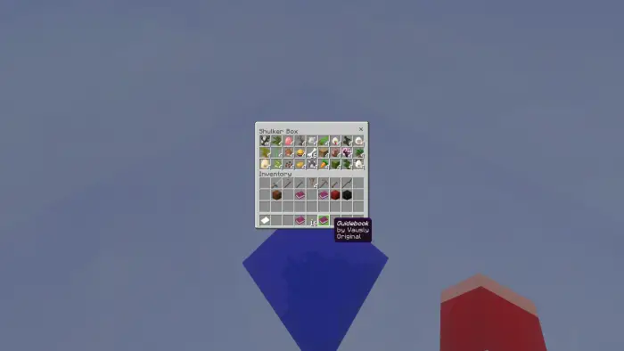 Open shulker box with survival items above void