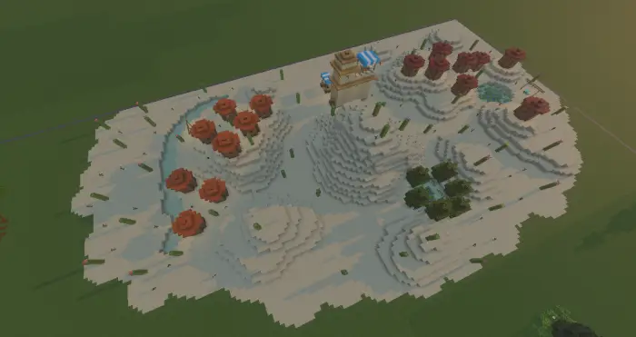 Desert arena with hills, towers, and trees