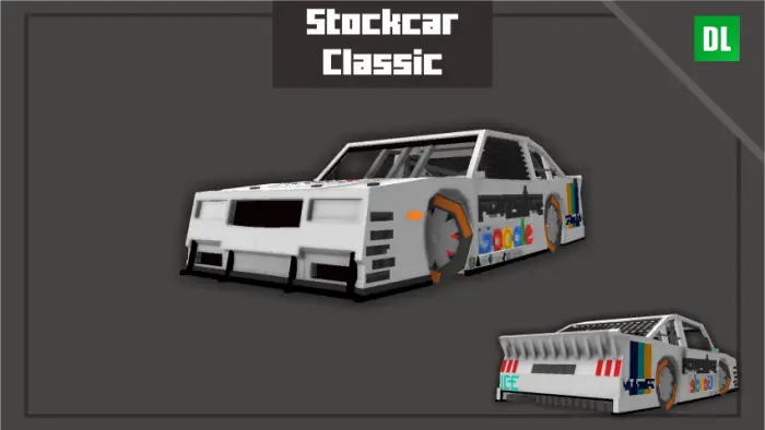 Blocky white stock car with racing decals