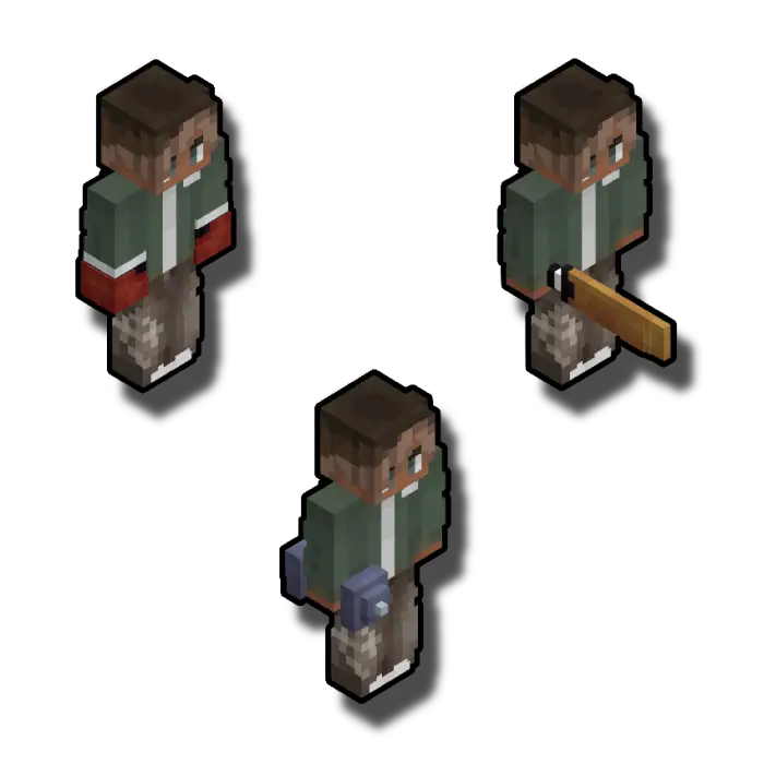 Three characters holding different melee weapons