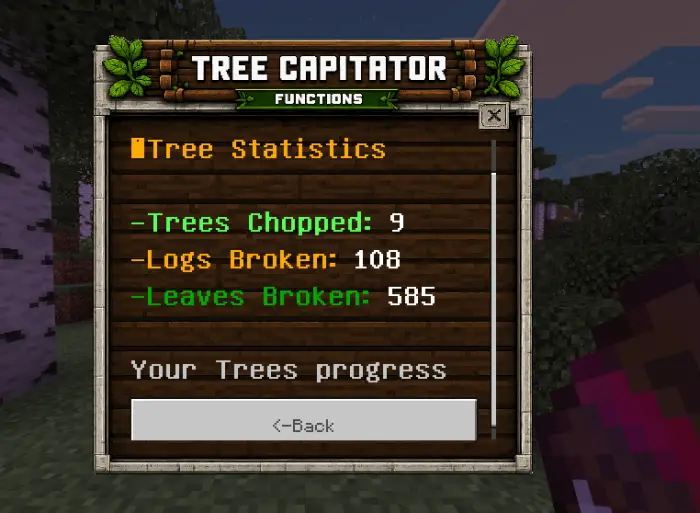 Tree chopping statistics display screen
